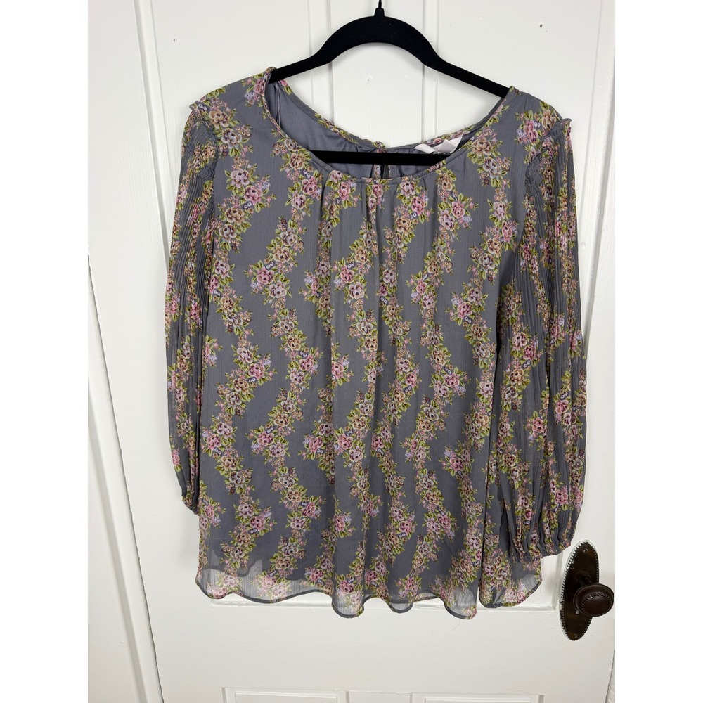 LC Lauren Conrad Floral Pleated Sleeve Blouse Gray Pink 1X Plus Size Top